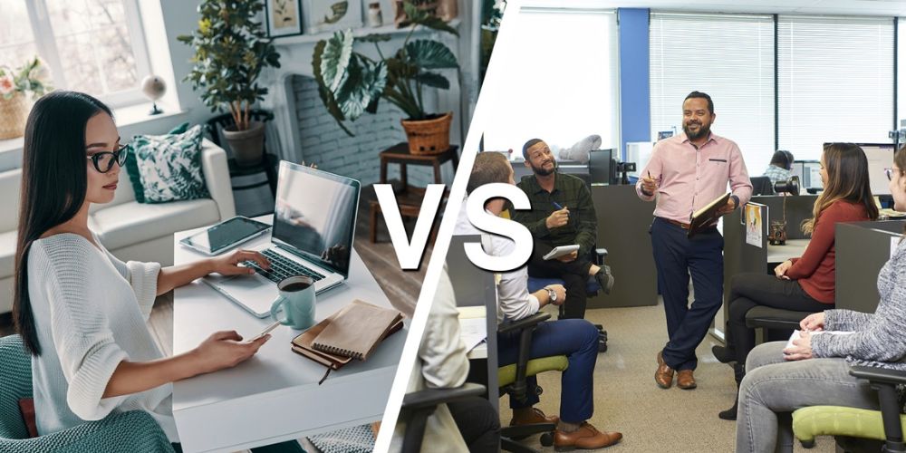IMAGE SHOWN AS Remote Work Strategy vs In-Office Management Maximize Productivity